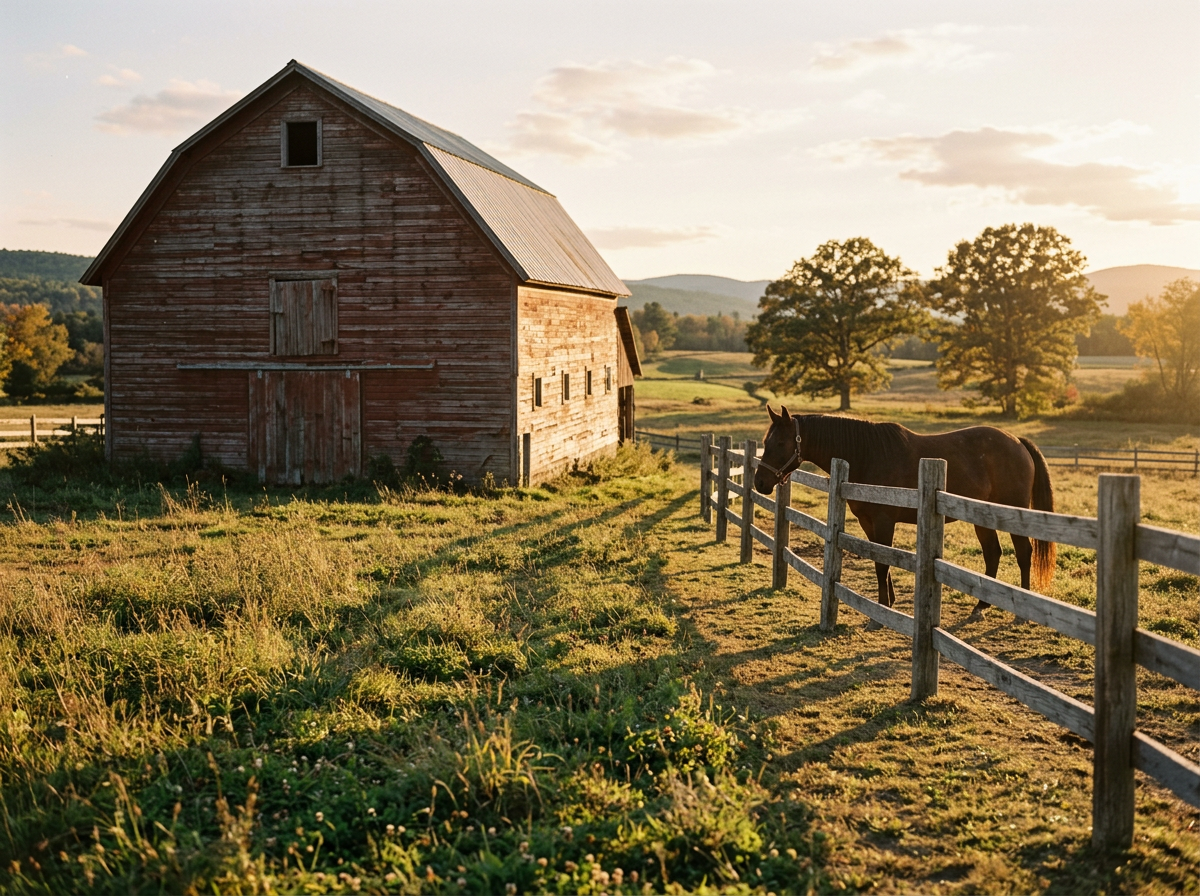 Peaceful family barn on the Saddle & Soul farm at golden hour