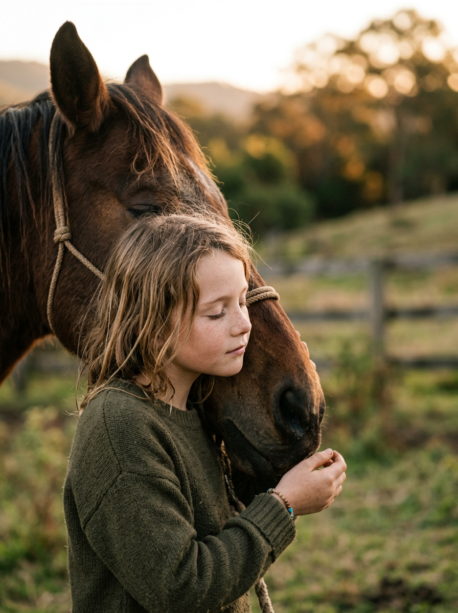 Young girl resting her cheek against a horse