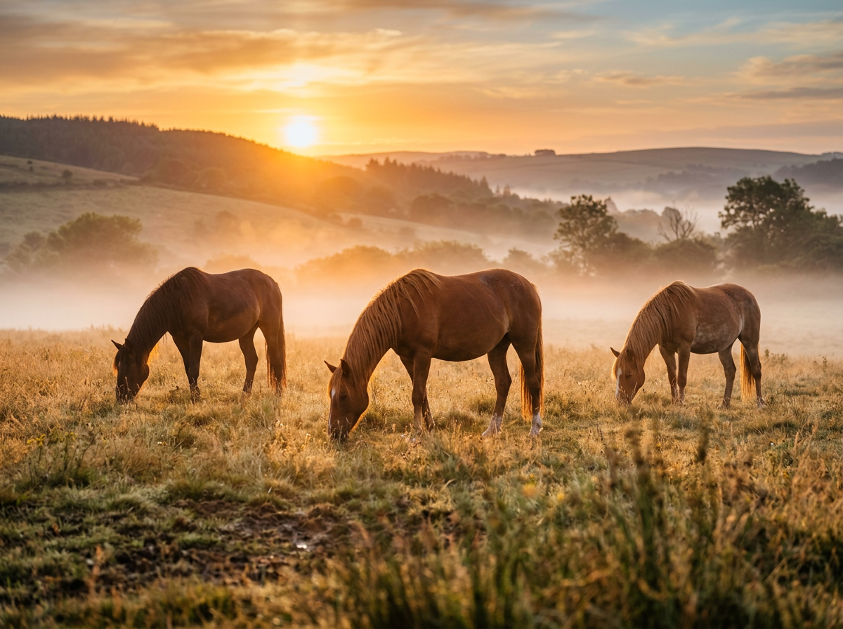 Horses grazing in a golden pasture at sunrise