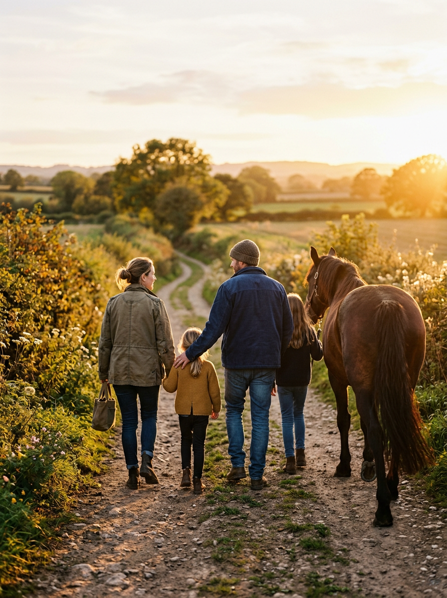 Family walking beside a horse at golden hour