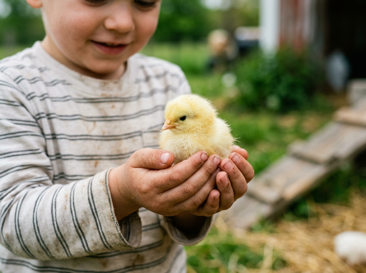 Children holding a baby chick at a mobile petting zoo