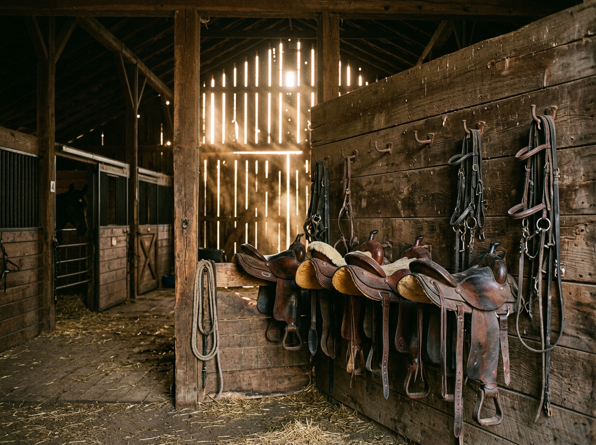 Weathered barn interior with saddles and warm light