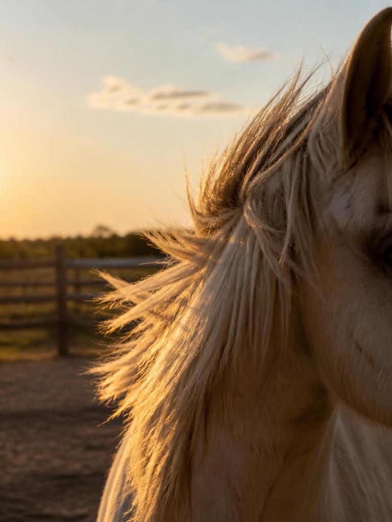 Horse's mane glowing in golden hour light