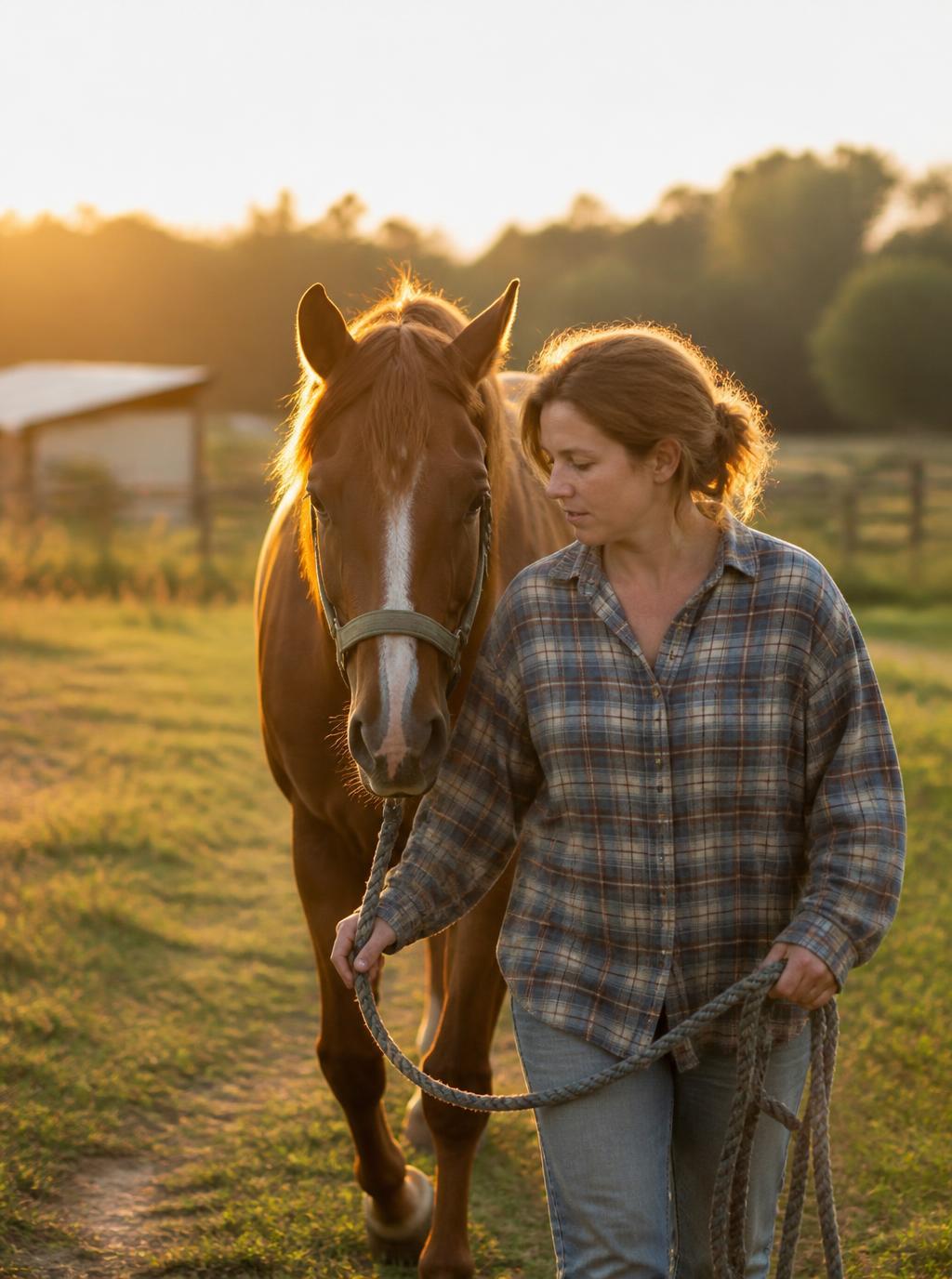 Woman leading a chestnut horse along a farm path at sunset